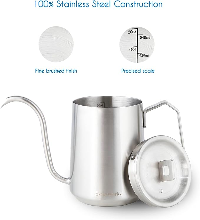 Easyworkz Gooseneck Pour Over Coffee Kettle 20 oz Stainless Steel Hand Drip Coffee Pot With Long Narrow Spout Brushed Silver