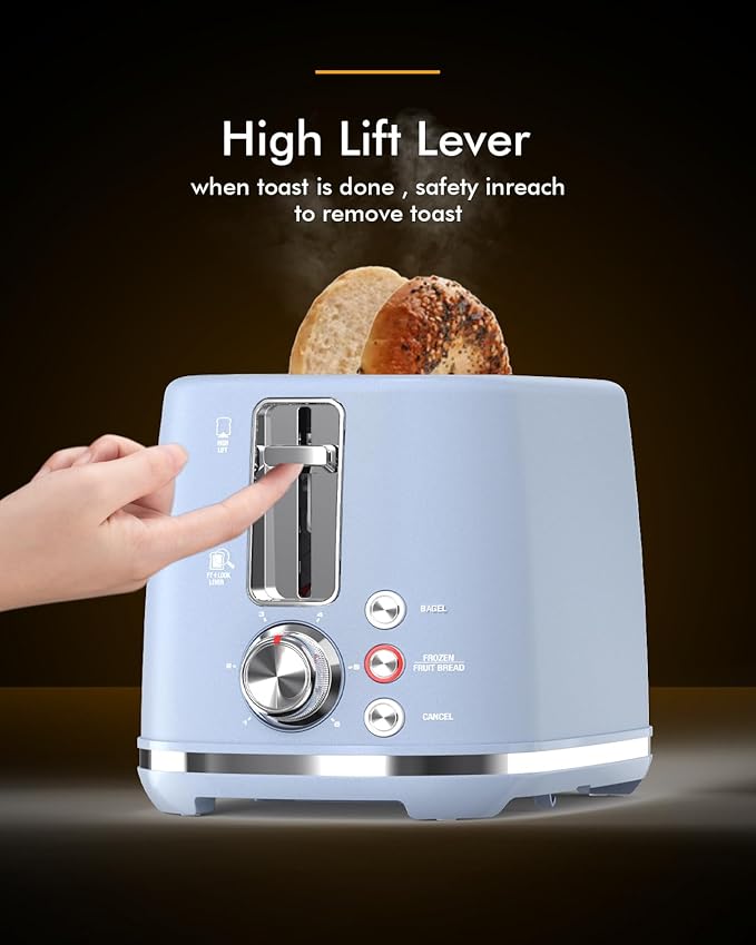 2 Slice Toaster - Wide Slots Auto Off Frozen Mode Easy Clean Pastel Blue