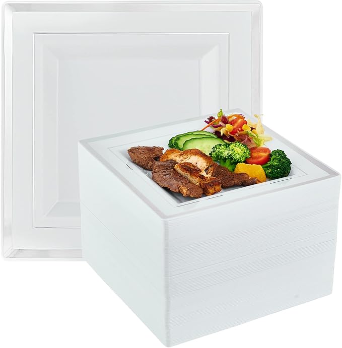 Vplus 90 Piece 9.5 Inch Silver Plastic Plates Disposable Heavy Duty White Elegant Durable Dinner Plastic Party Plates with Silver Rim Perfect for Party Christmas