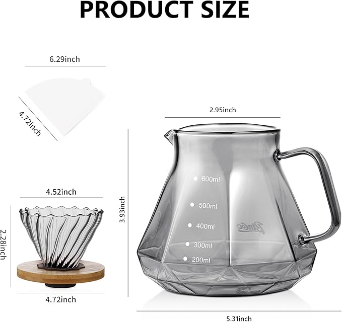 Bincoo Pour Over Coffee Maker Set - Borosilicate Glass Dripper with Walnut Handle &amp Glass Lid 50 pcs Paper Filters Included - 600ml Pour Over Coffee Dripper for Home Café &amp Camping (Dark Gr