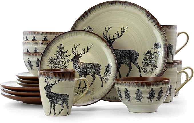 Majestic Elk Luxurious Stoneware Dinnerware with Complete Set - 16 Piece