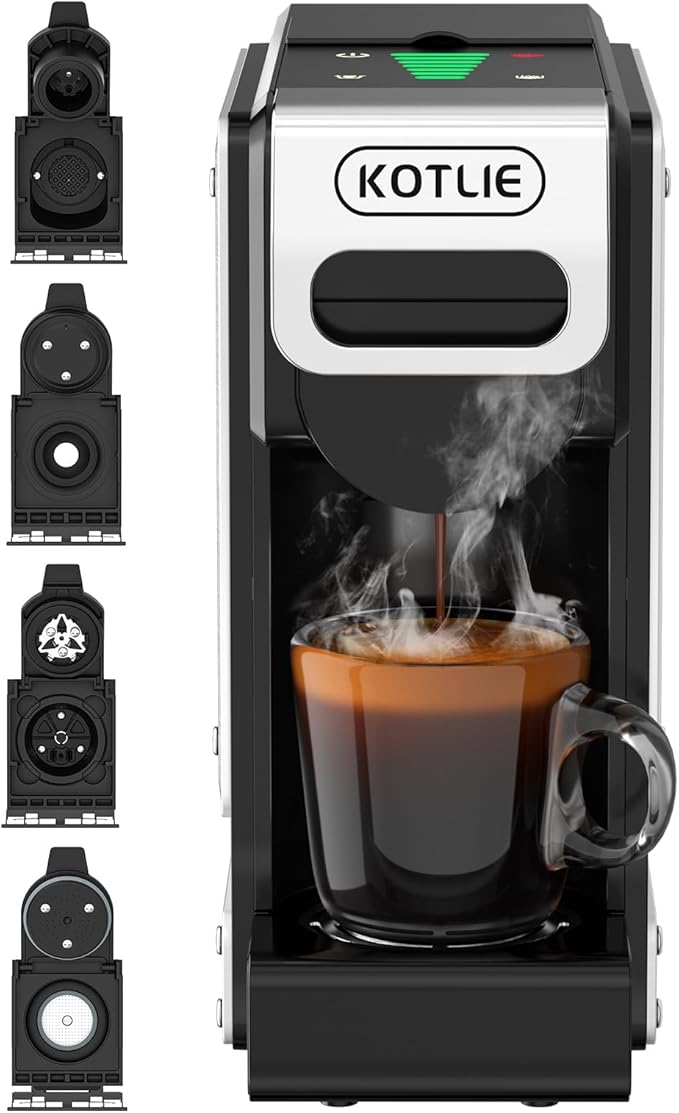 KOTLIE 4-in-1 Espresso Capsule Coffee Machine Single Serve Coffee Maker for K*cup/Nes/DG/Ground Coffee 19Bar 1LST-550(silver)