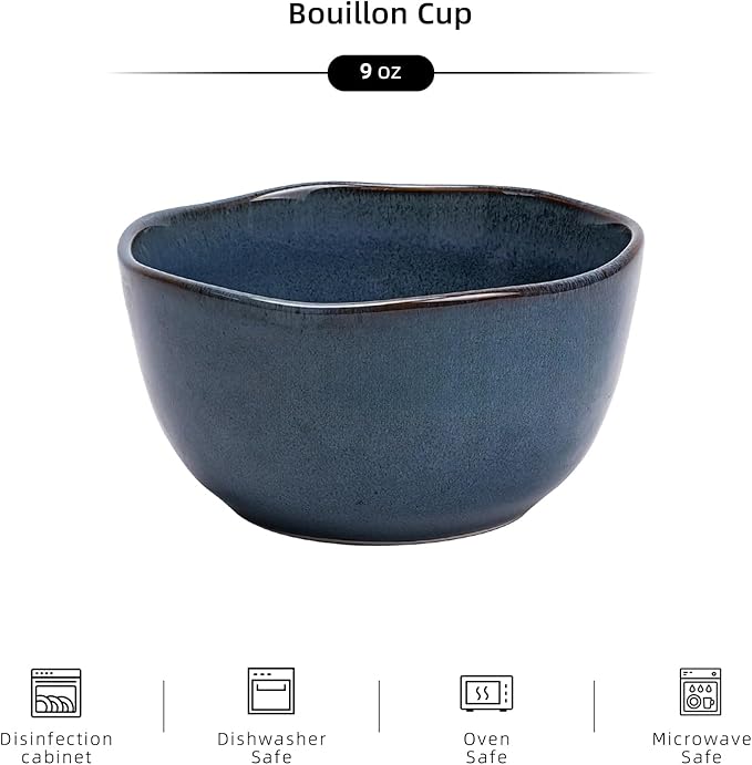 Organic Shape Highland Ceramic Bouillon Cup 6pcs Handmade Reactive Glaze Stoneware Dip Bowls 9oz with Wavy Edge for Kitchen Microwave &amp Dishwasher Safe Scratch Resistant-Blue