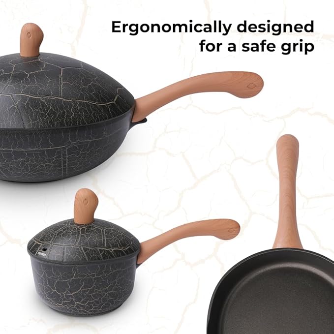 Bionic Turtle Design Nonstick Cookware Set (7 Pcs)- Wok Fry Pan Sauce Pan &amp Dutch Oven with 3 Lids Non ToxicPFAS &amp PFOA Free Compatible with All Stovetops Durable Cookware for Home Cooki