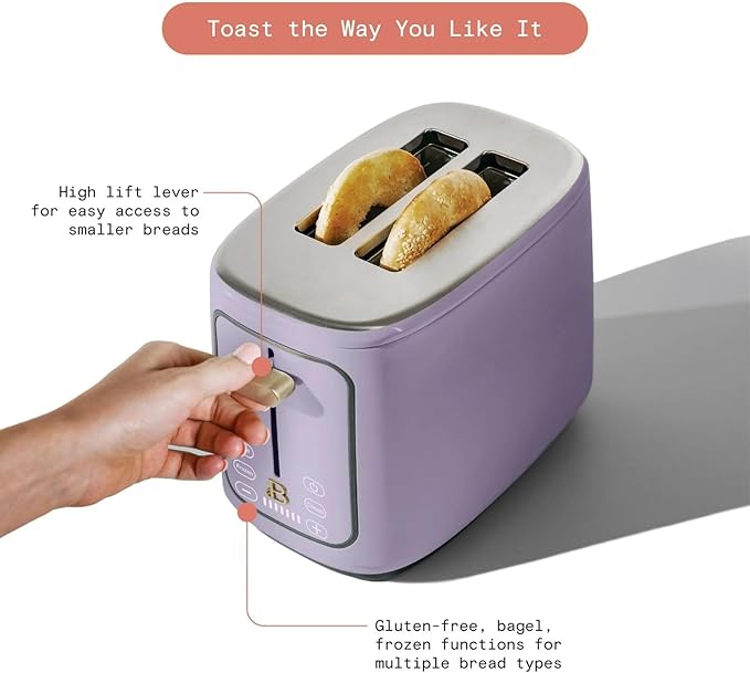 Smart Kitchen Toaster with Touch Interface and Preset Modes Advanced Two-Slice Toaster with Wide Slots and 7 Browning Levels (Lavender)