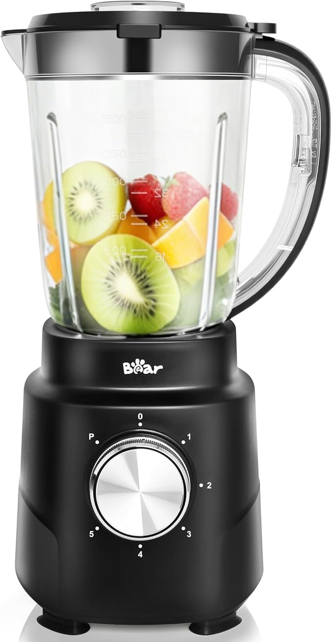 Bear 800W 6-Speed Blender Smoothie Blender for Kitchen with 50oz(1.5L) BPA-Free Cup/Suction Feet/Feeding Hole/10 blades Countertop Blender for Smoothies Crush Ice Frozen Fruit Juice and Puree