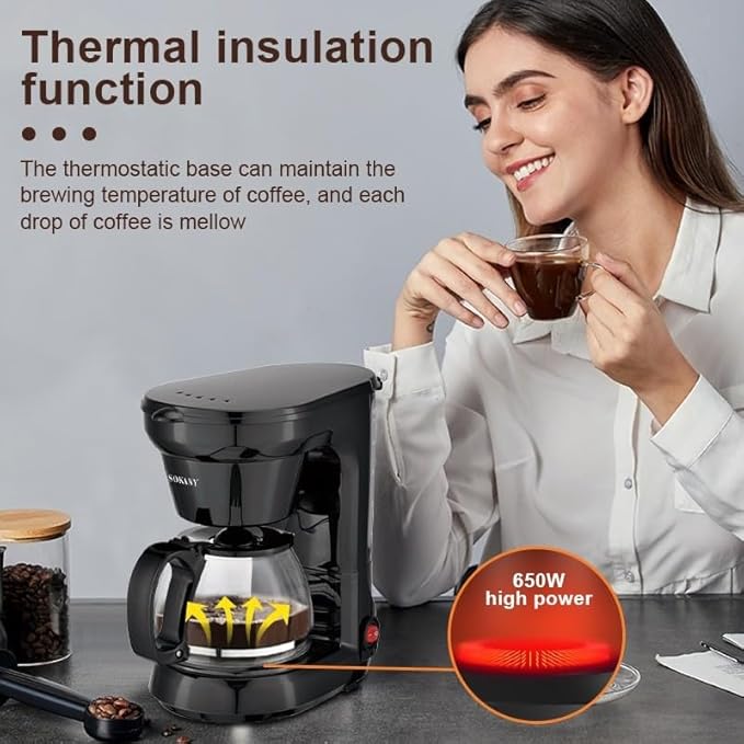 6-Cup Coffee Maker with Easy On/Off Switch Easy Pour Non-Drip Carafe with Removable Filter Basket 650W 750ML Household Small Electric Drip Coffee Machine for Home &amp Office Black
