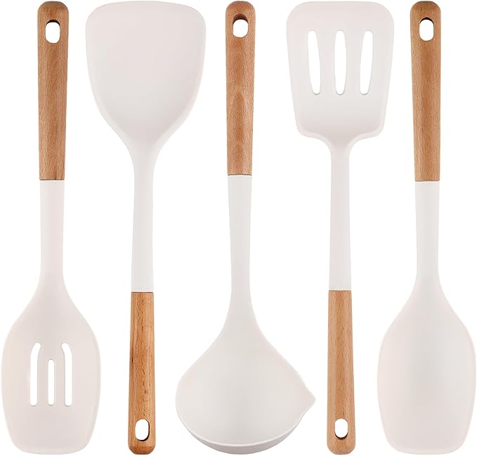 Silicone Cooking Utensils Set 5 Pcs Large Non-Stick Kitchen Utensils Set Wooden Handle Heat Resistance Turner Soup Ladle Spoon Silicone Cooking Kitchen Gadgets BPA Free for Nonstick Cookware