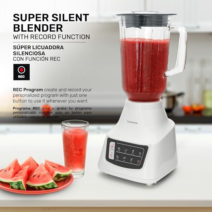 Taurus Potenza Comfort Blender 1050W 1.5L Glass Jar Up to 50% Less Noise Stainless Steel Blades 9 Speed Settings Quiet Powerful Blender for Smoothies Ice and Frozen Drinks