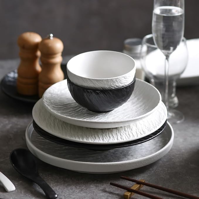 Wabi Sabi Stone Texture Ceramic Dinnerware Set 16-Piece Matte Bowl &amp Plate Set - 10” &amp 8” Plates Bowl Cups - Minimalist Stoneware for Modern Dining (Black/White) (white)