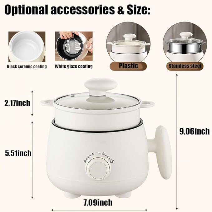Portable Multifunctional Non-Stick Electric Pot Mini Electric Hot Pot Rice Cooker Non Stick Frying Skillets 3 Heat Settings Steaming Boiling Frying Stir-Frying Dorm Home Travel (Without steame