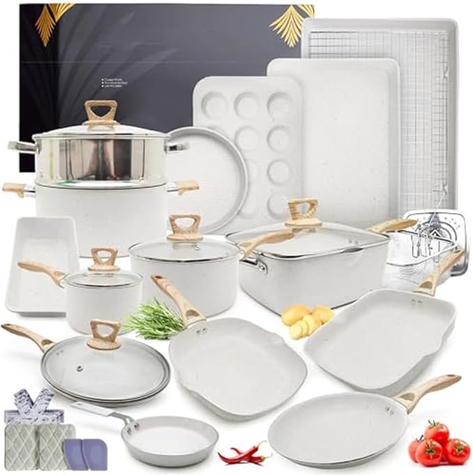 23 Piece Granite Cookware Set Non Stick Induction Oven Safe Pots Pans Bakeware Scraper Sponge Protectors Eco Friendly Heavy DutyA23 Pc