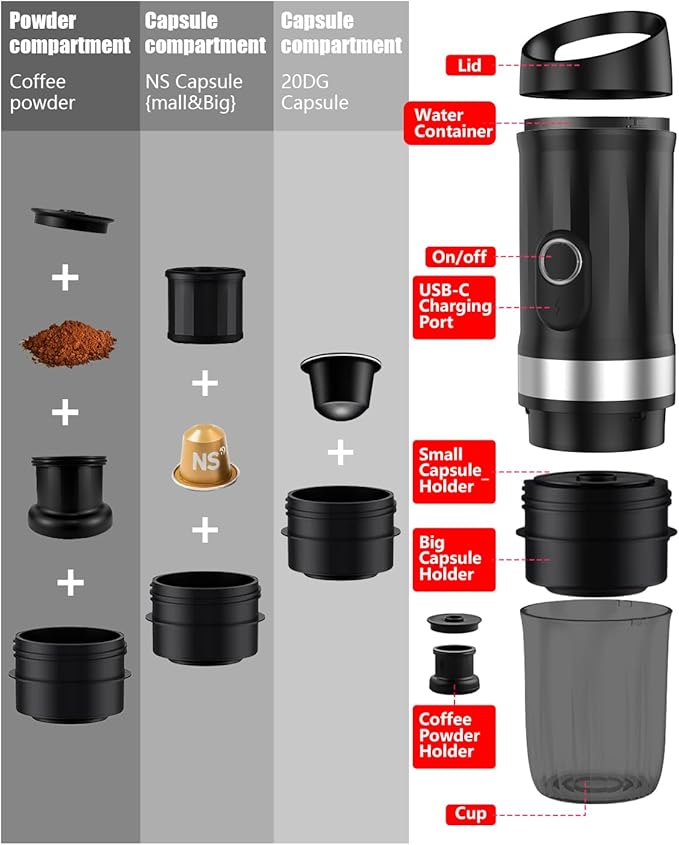 Portable Espresso Machine 3Minute Auto Heat12V Rechargeable Electri Coffee Maker 20 BaCompatible with NS DG Capsules and GroundCoffee for Camping Travelling RVing HikingandOffice (‌Charcoal black)