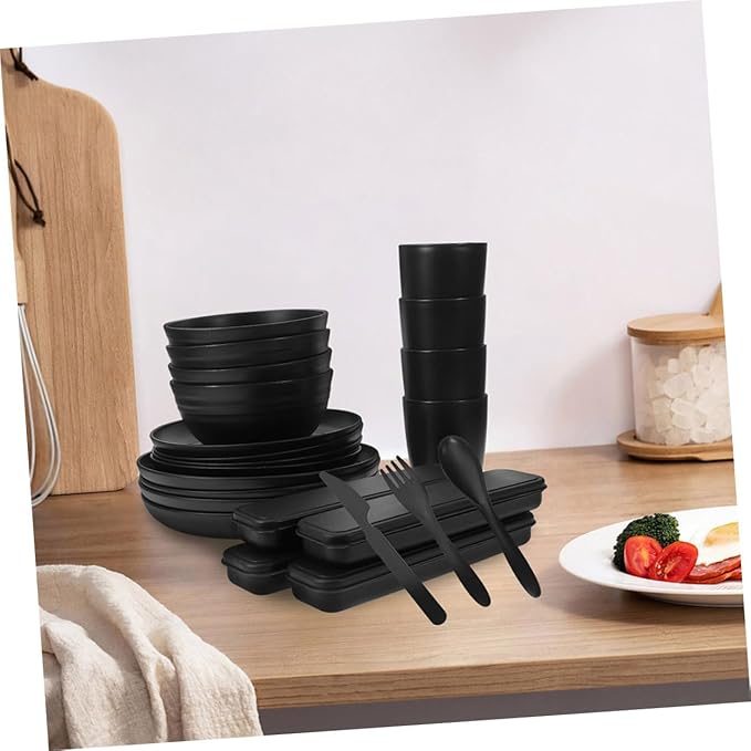 20pcs Black Dinnerware Set for 4 People with Cutlery Bowls Plates and Cups – Reusable Portable Utensils for Picnic and Camping Lunch Boxes
