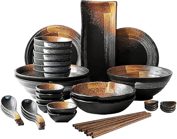 Kitchen Tableware SetCeramics Dinnerware Sets Dinner Plates and Bowls Sets 38 Pcs Vintage Frosted Dishes Set-Japanese Retro Steak Plates for Family Party