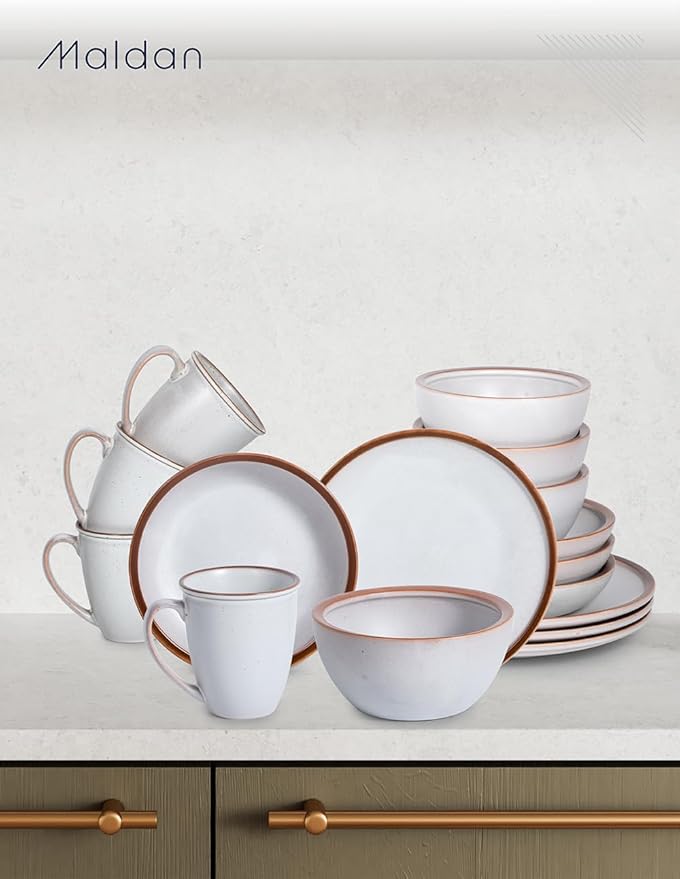 Table 12 Maldan Stoneware 16-Piece Dinnerware Set Service for 4 Coupe Shaped Dinnerware Reactive Glaze Off-White with Coffee Brown Rim Plates and Bowls Sets Dishwasher and Microwave Safe TD16YN