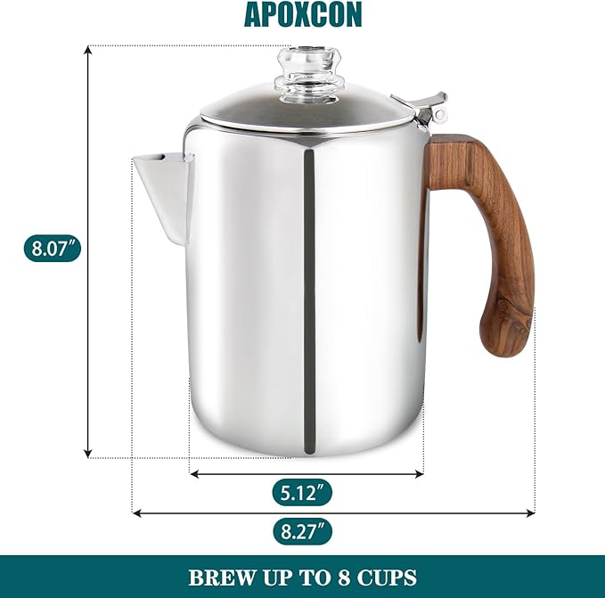 Coffee Percolator Pot Stainless Steel Coffee Maker with Tough Glass Knob &amp Fireproof Solid Wood Handle &amp Drip-Free Spout Camping Coffee Pot Using on any Stovetop NO Aluminum NO Plastic (8 Cup)