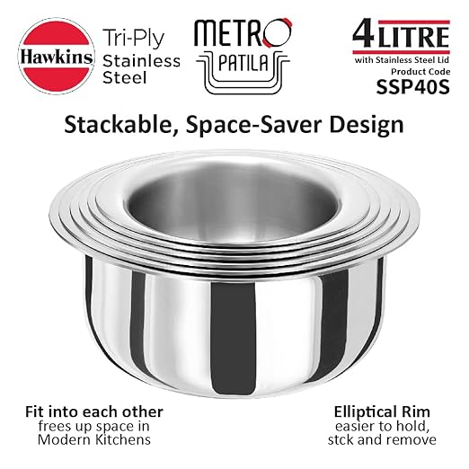 HAWKINS 4 Litre Metro Patila Triply Stainless Steel Tope with Stainless Steel Lid Induction Bhagona Tapeli Silver (SSP40S)