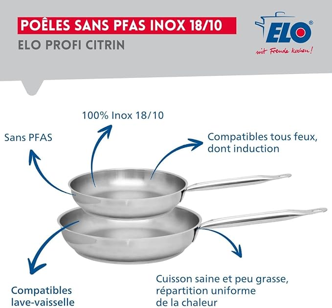 ELO 9503350 Cookware Set 5 Pieces 2 Frying Pans 24 and 28 cm and 3 Saucepans 12 16 and 20 cm Elo Profi Citrine Stainless Steel Induction