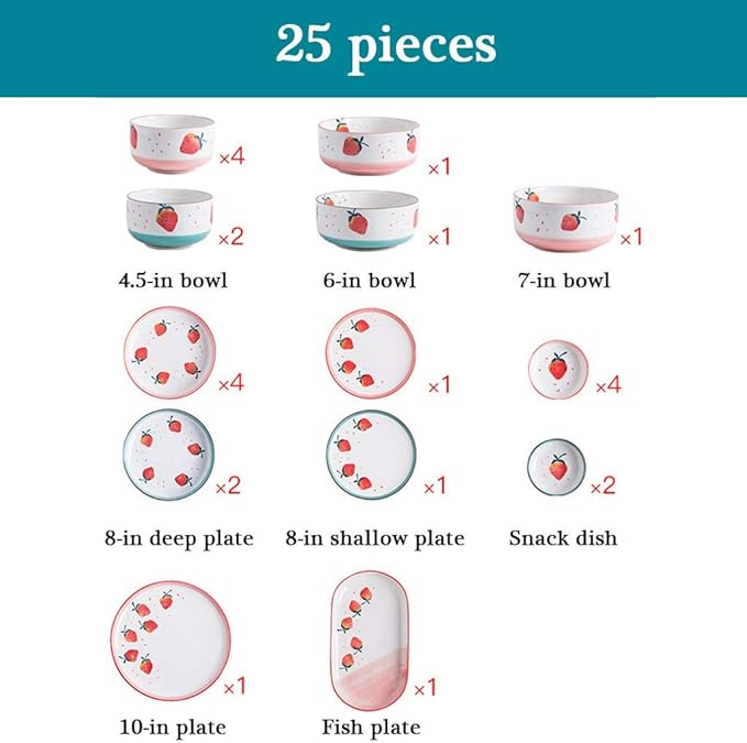 Romantic Dinnerware Set Porcelain Dinner Set - 25 Pieces Cute Strawberry Pattern Ceramics Plates and Bowls Sets for Restaurant and Wedding GiftsPink