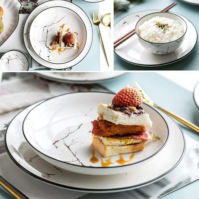 10 Piece Marble Design Bone China Dinnerware Set White Porcelain Plates And Bowls Plate Set