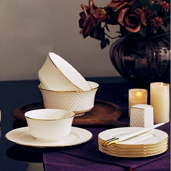 Dinnerware Set Dinner Party Tableware Service Set 58 Pieces Relief Bone China Dinnerware Sets | Porcelain Steak Plate and Cereals Bowls for Christmas Party and