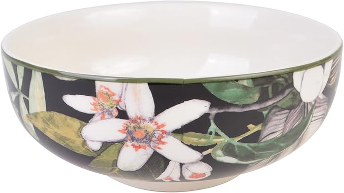 222 Fifth 12-Piece Porcelain Dinnerware Set for 4 Black &amp White Plates and Bowls Set with Tropical Floral Design Glossy Ceramic Dish Set Kitchen Tableware Microwave &amp Dishwasher Safe Born