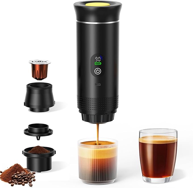 Portable Battery Espresso Coffee Maker for Travel - 20 bar Mini Car Espresso Machines 3-in-1 Self-Heating Electric Espresso Maker USB-C Ground Coffee &amp Capsule Pod(Ns&ampDG) RV Hiking Office