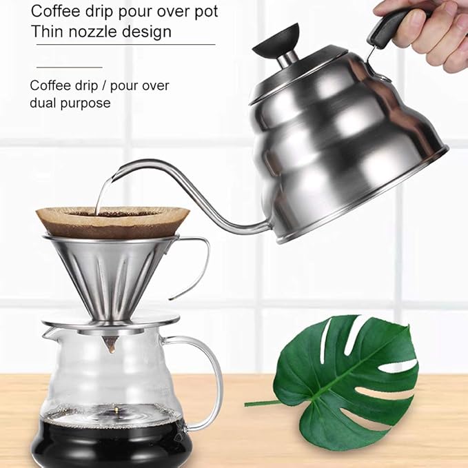 Stainless Steel Coffee Kettle Gooseneck Pot Pour Over Coffee Maker Precise Water Control Durable Scratch For Home Bar Shop 304 Stainless Steel 1200ml 1000ml (1200ml)