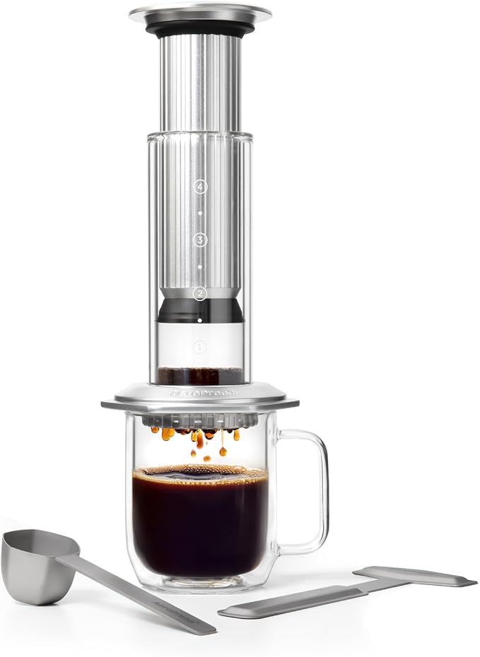AeroPress Premium Coffee Press Glass Stainless Steel &amp Aluminum Coffee Maker All-in-One French Press Pour-Over &amp Espresso Style Manual Brewer 2 Min Brew for Less Bitterness More Flavor