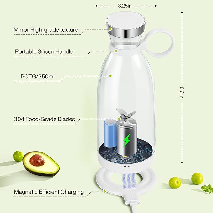 Portable BlenderFashion Portable Blender for Shakes and Smoothies 11.8 OzMagnetic USB Fast Charging Mini Mixer BottleTake It for Traveling Outdoor Gym Office Cars Gift -WH