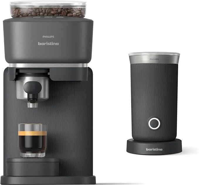 Philips Baristina Espresso Machine+Milk Frother Bundle. Real espresso. Compact coffee machine portafilter grinder Cafe Crema. Dairy &amp Non-Dairy Milk foam. Hot &amp Cold. Easy Clean. Black (BA