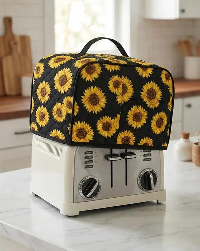 Deosk Toaster Cover 4 slice With 2 Pockets &amp Thickened Sponge Oxford Toaster Covers For 4 Slice Wide Slot and Kitchen Use 12 x 10 x 7.5 (LargeSunflower）