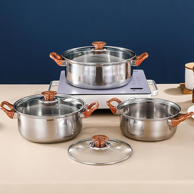 12-Piece Stainless Steel Cookware Set Flat Bottom Frying Pan Soup Pot Milk Pot and Kettle Dishwasher Safe Induction Compatible Thickened Design for Home Cooking