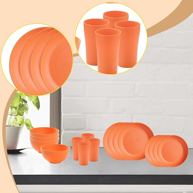 Dinnerware Sets Non Breakable Service for 4 Round Minimalist Matte Dishes Cups for Party Home RV Outdoor Camping Kitchen Orange