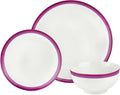 Sheer Burgundy Porcelain 12 Piece Dinnerware Set Service for 4 Red Banded Modern Contemporary Round Dishwasher Safe