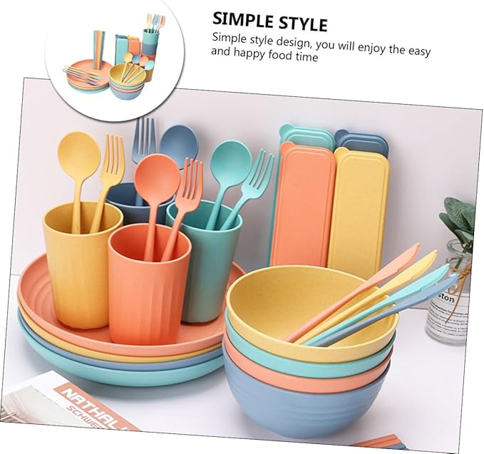 4sets Portable Cutlery Set Straw Bowl Cup Plate Farmhouse Dinnerware Wheatstraw Dinnerware Set
