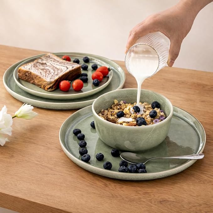 AmorArc Stoneware Dinnerware Sets for 4Round Reactive Glaze Ceramic Plates and Bowls SetHighly Scrath Resistant | Dishwasher &amp Microwave Safe Dishes SetService for 4 (12pc)