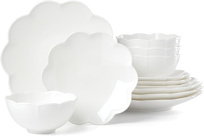 Lenox Dinnerware Set Studio 1414 Scallop 12-Piece Set Service For 4 Bone China Material Dishwasher &amp Microwave Safe Home And Kitchen Kitchen And Dining Plates And Bowls Sets (White 12 Piec