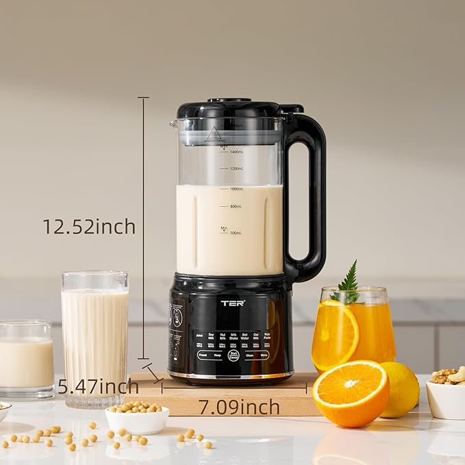 50OZ Nut Milk Maker Machine TER 10-in-1 Soy Milk Maker for Almond/Oat/Soy Milk Juice Milkshake Rice Paste Auto Clean/24H Preset Time/12H Keep Warm with 7 Accessories Black