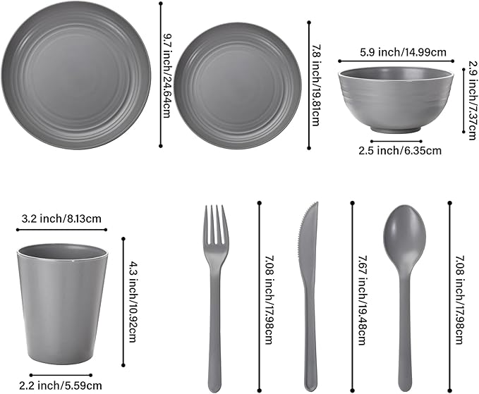 LIYH 28 Pcs Dark Grey Plates and Bowls Dinnerware Sets Dish Set for 4 Unbreakable Reusable Plate Wheat Straw Plates and Bowls Apply to Kitchen &amp Camping