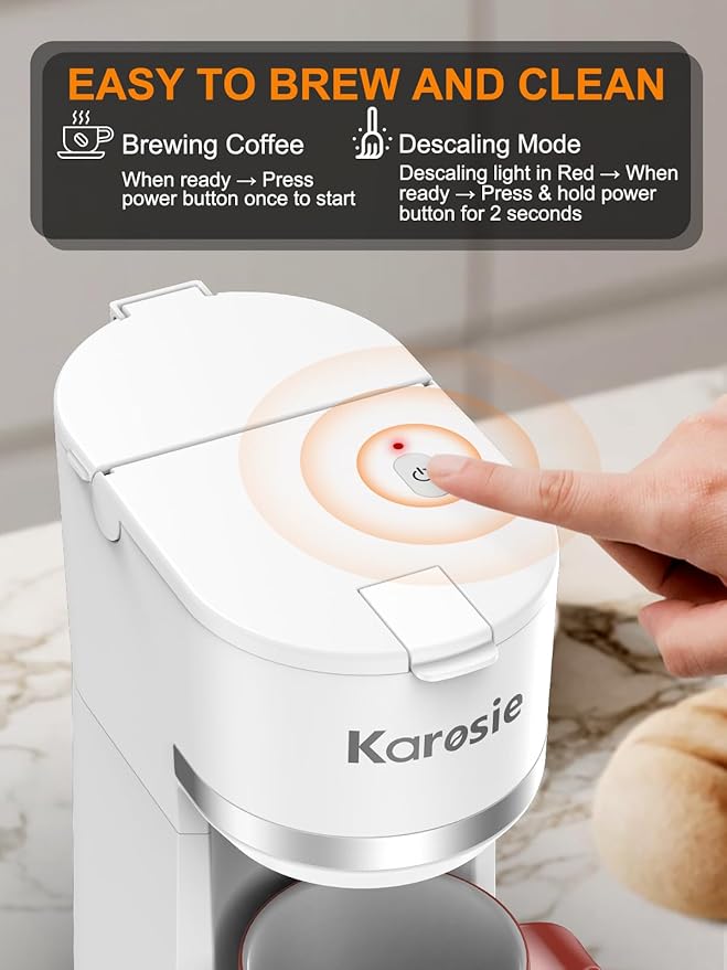 Single Serve Coffee Maker for K-Cup and Ground Coffee Fast Brew 6-12 oz Brew Sizes One Cup Coffee Machine Fits 5.5 Mugs One-Button Small Coffee Maker with Descaling ReminderWhite