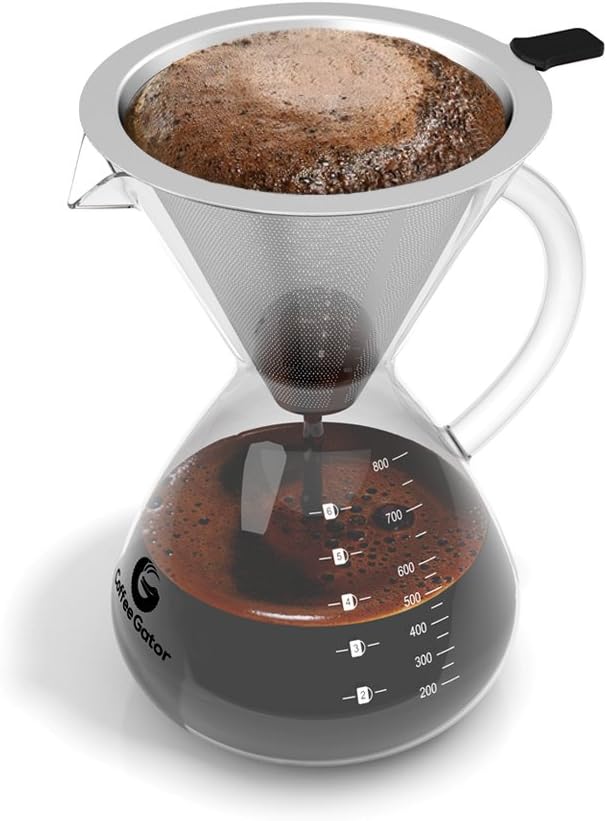 Coffee Gator Pour Over Coffee Maker - 27oz High Heat Borosilicate Glass with Reusable Stainless Steel Filter Drip Coffee Brewer Dripper Set Carafe 800ml Clear