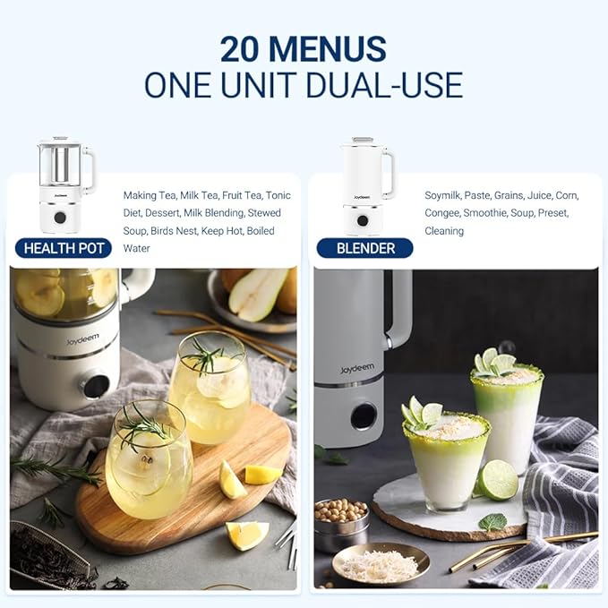 Joydeem JD-PB8200 Compact Blender with 10 Menus Quiet Cooking Blender for Soymilk Paste &amp Juice 304 Stainless Steel 12H Preset 600ml