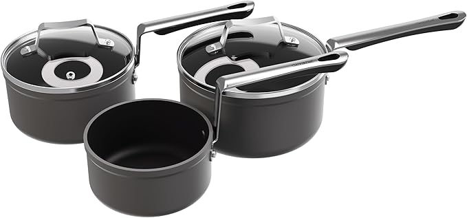 3-Piece Cookware Set Consisting of 14 cm Milk Pan 16 cm Saucepan with Lid and 18 cm Saucepan with Lid Stackable Anodised Aluminium