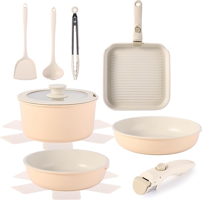 12 PCS Kitchen Cookware Set with Detachable Handle Pots and Pans Sets Non Stick Induction Pan Set for RV CookwareOven Safe PFOA Free(Hazelnut)