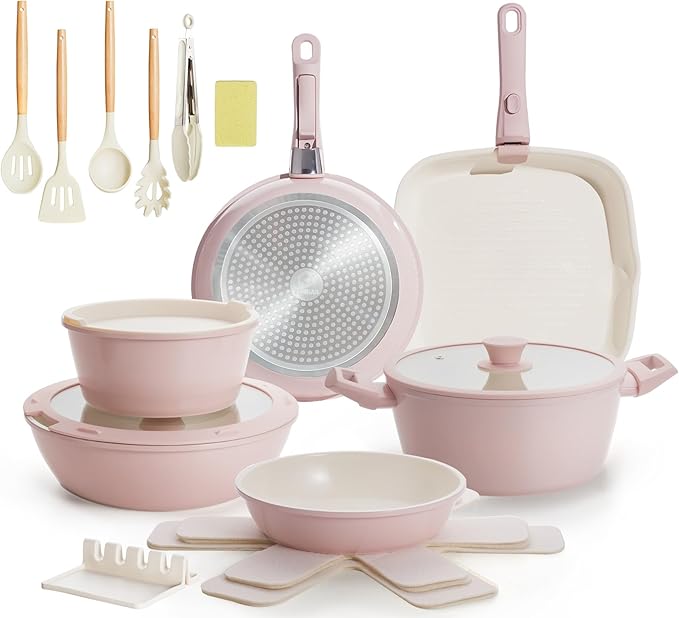 31pcs Ceramic Pots and Pans Set Nonstick Detachable Handle Cookware Induction Kitchen Cooking Set with Removable Handleinclude Frying Pans &amp Saucepans Oven Safe(Pink)