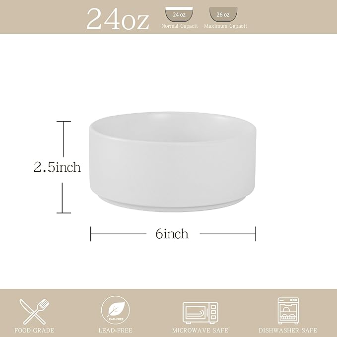 Stoneware Cereal and Soup Bowls Set of 4 6 Inch Matte Glaze Ceramic Bowls for Breakfast &amp Oatmeal Microwave and Dishwasher Safe Matte White