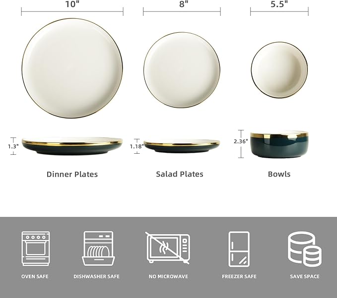Porcelain Dinnerware Sets 12 Piece Luxury China Plates and Bowls Sets Green Dishes Set Gold Rim for Wedding Anniversary Birthday Modern Dinner Plates Set
