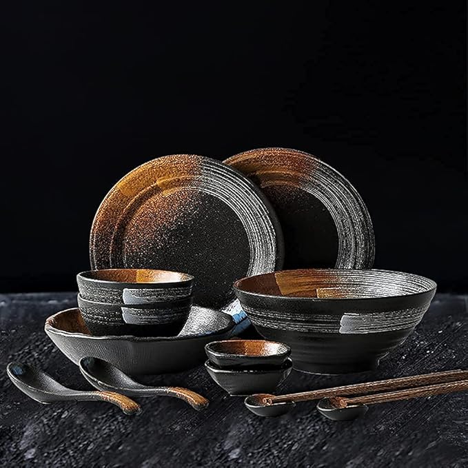 Kitchen Tableware SetCeramics Dinnerware Sets Dinner Plates and Bowls Sets 38 Pcs Vintage Frosted Dishes Set-Japanese Retro Steak Plates for Family Party